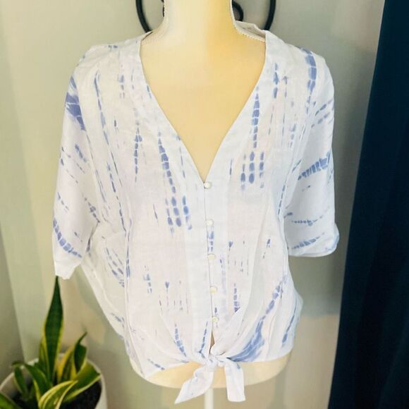 RAILS Thea Tie Waist Linen Blouse Top, Tie-dyed, Blue/White, Medium, NWT - Picture 11 of 16
